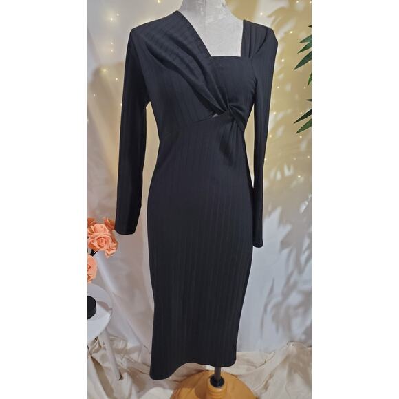 ASTR the Label Twist Front Long Sleeve Bodycon Midi Dress Size L Black Stretch - Picture 1 of 8